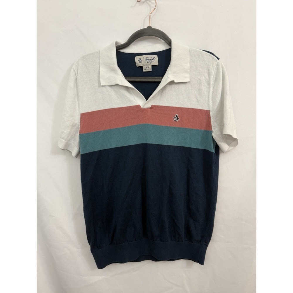 Original Penguin Collared V Neck Sweater Polo Shirt Striped Short Sleeve Mens S